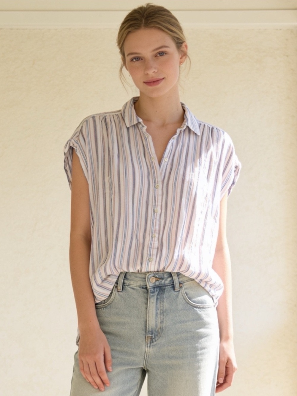 LOFT Striped Button Front Cap Sleeve Collared Rayon Blouse Pink Blue S